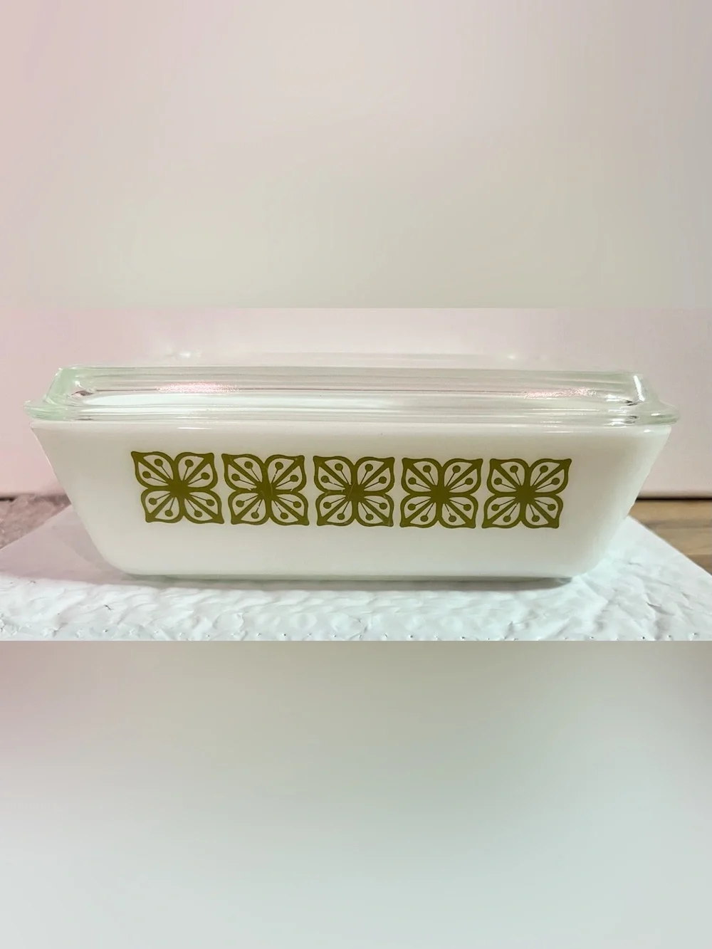 Vintage PYREX - Verde Green Square Flower - 0503 Refrigerator Dish With Lid